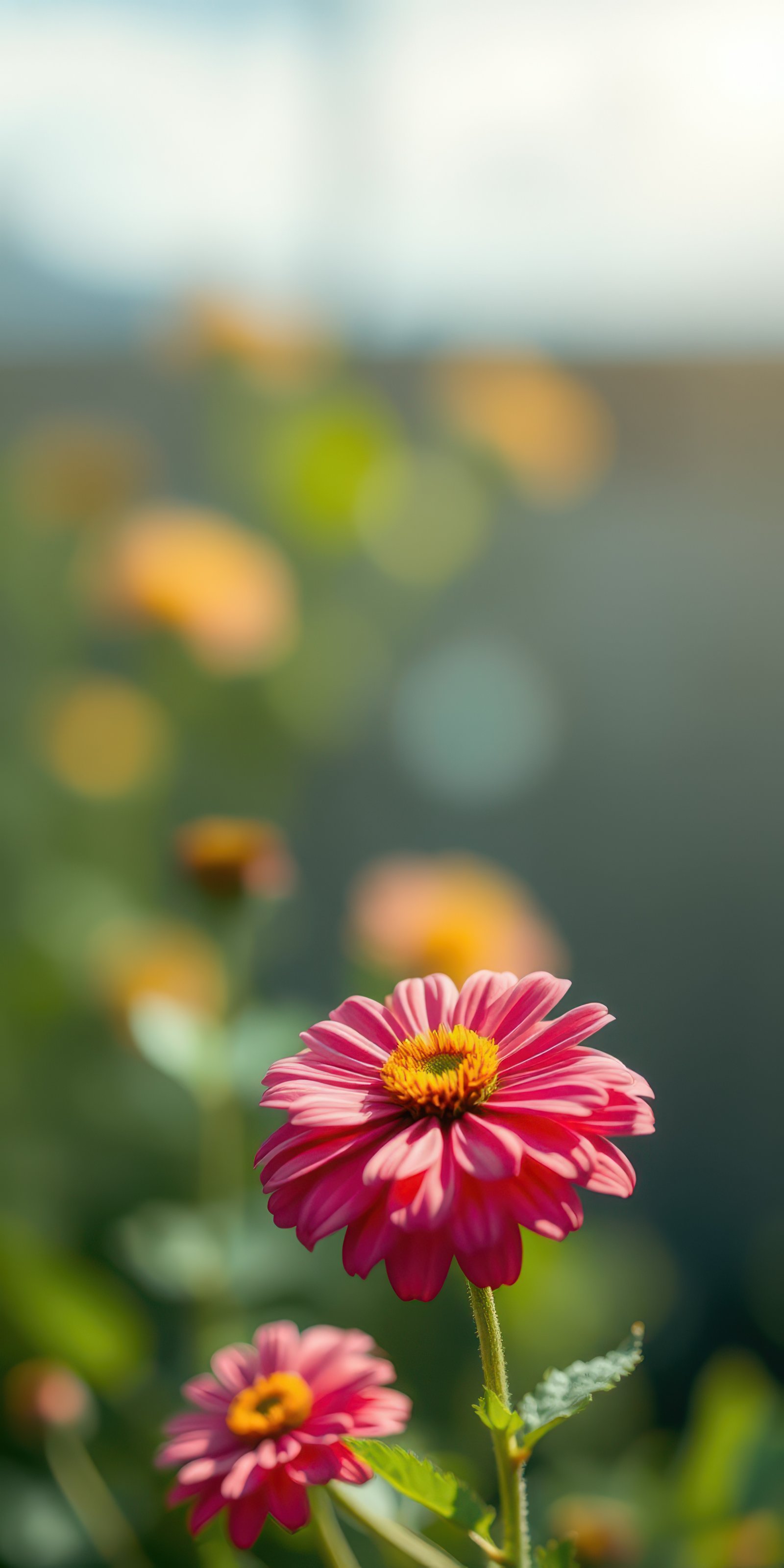 Pink flower blooms bright in garden filled with soft blurred colors during daytime